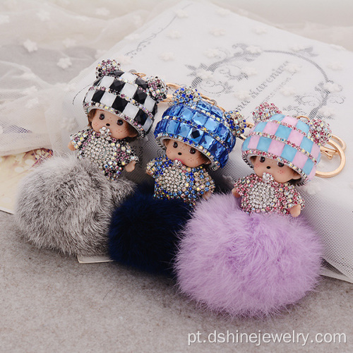 Pele do diamante Monchichi coelho Pom Pom Keychain para saco chave